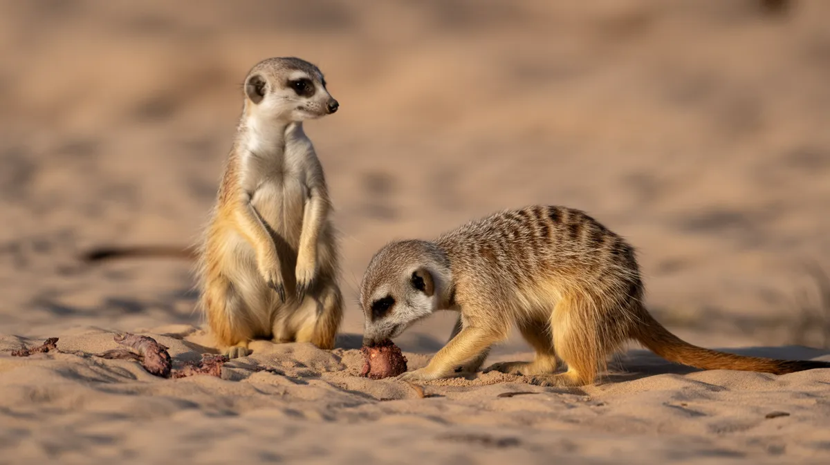 A meerkat digging while another stands guard