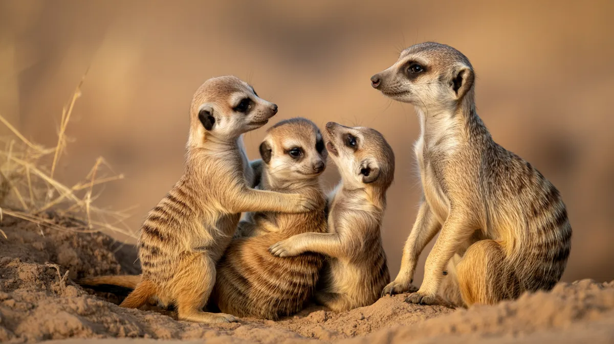 Meerkat pups playing near the burrow