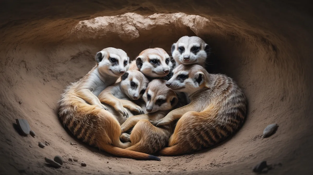 Meerkats huddled together underground