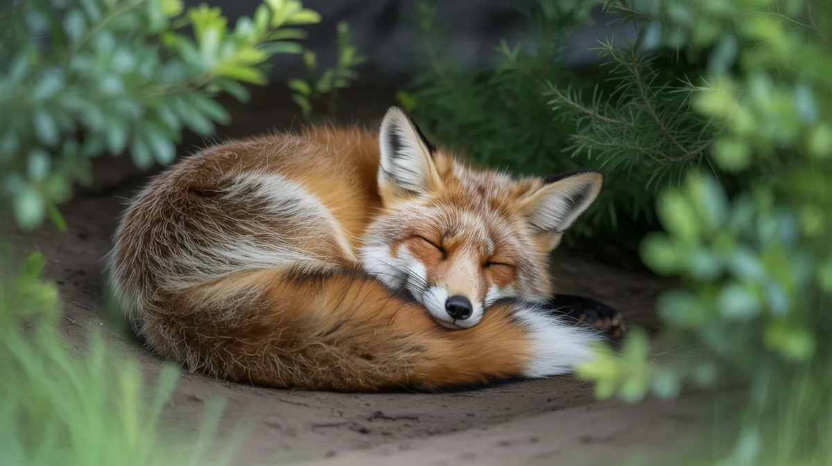 A red fox sleeping wrapped in its tail