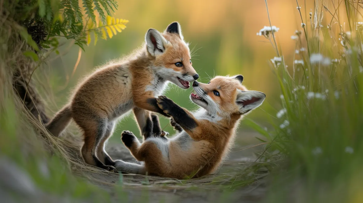 Red fox cubs playing near the den
