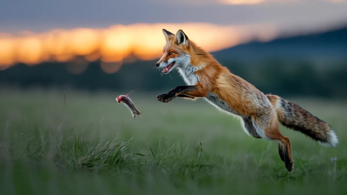 A red fox doing its mouse pounce at dusk