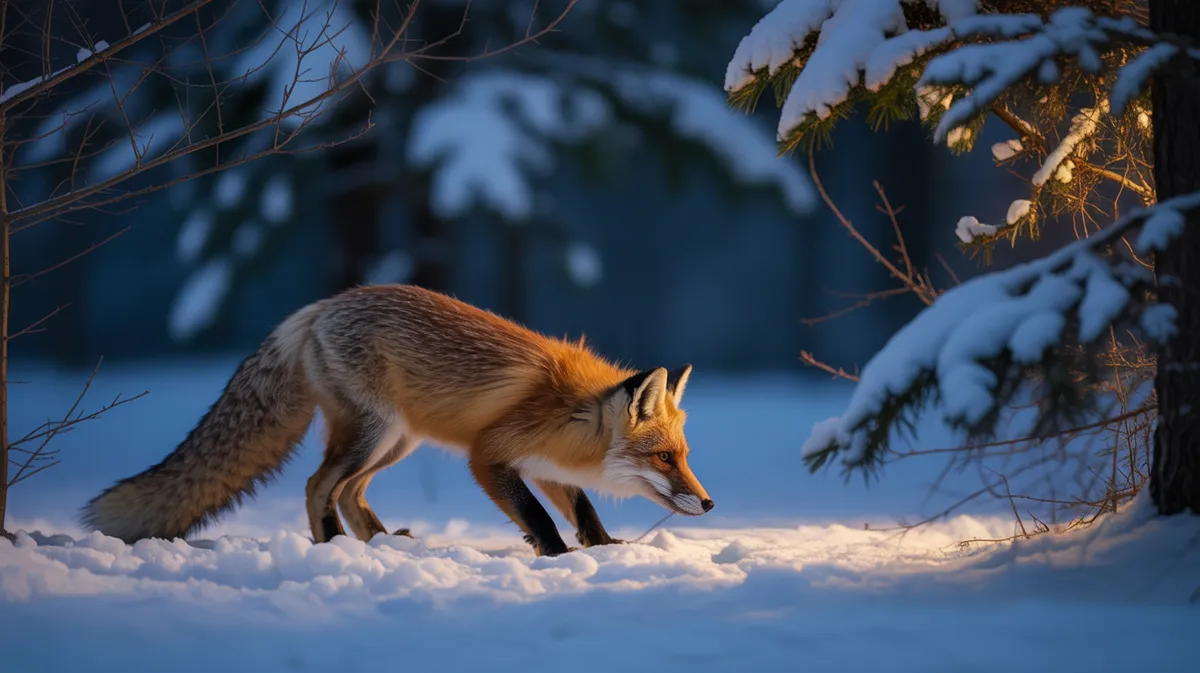 A red fox hunting in snow at night