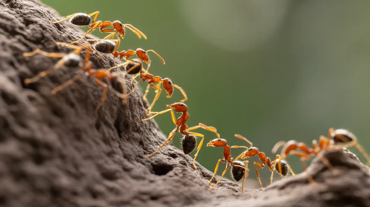 Ants streaming out of the nest at sunrise