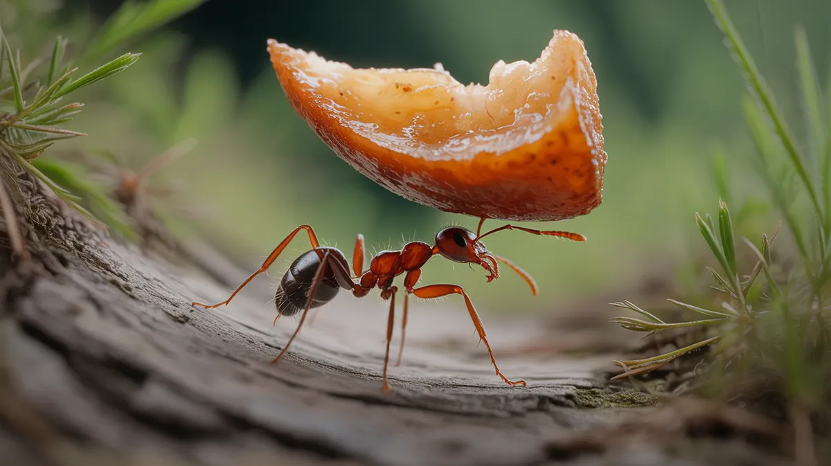 An ant carrying food many times its size