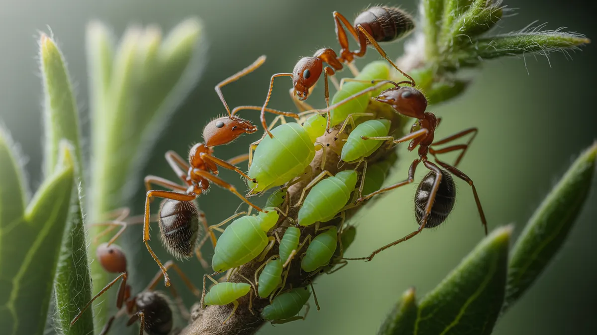 Ants herding aphids on a stem