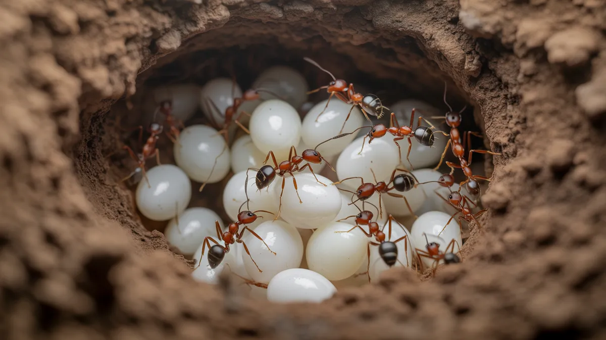 Ants tending eggs and larvae in the nest