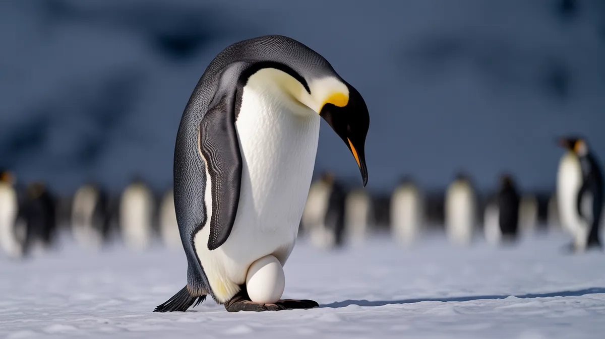 An emperor penguin with an egg on its feet