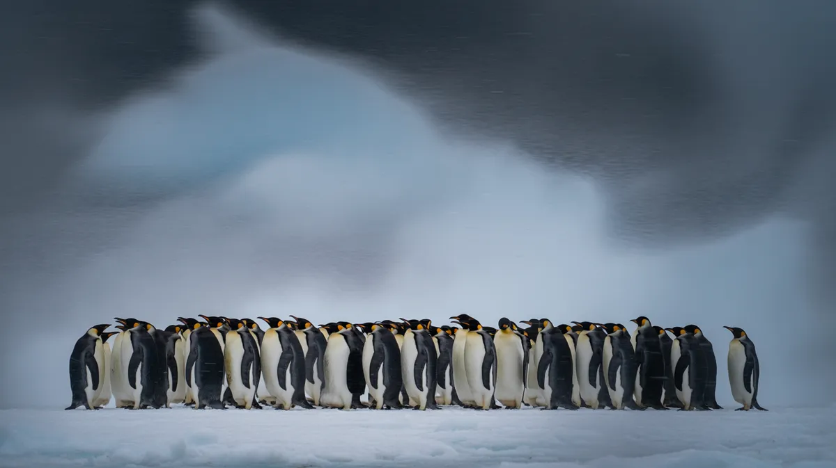 Emperor penguins huddling in a blizzard