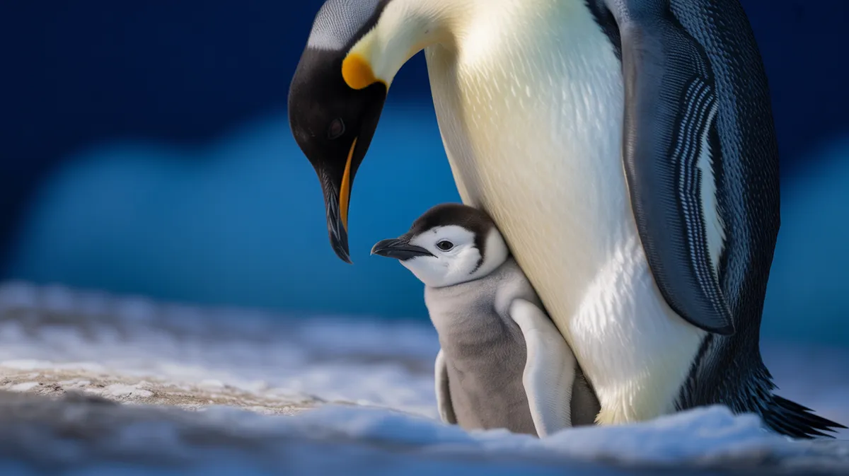 An emperor penguin chick in the brood pouch