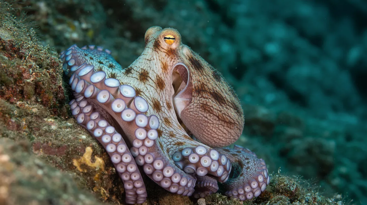 A camouflaged octopus blending into rock