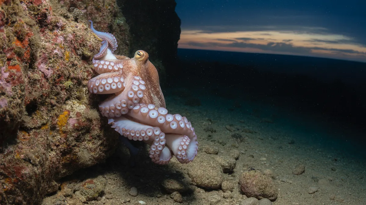 An octopus squeezing out of a crevice