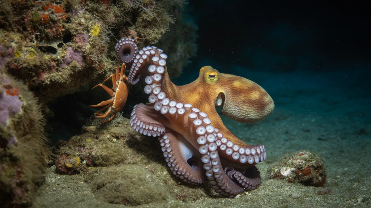 An octopus hunting a crab at night
