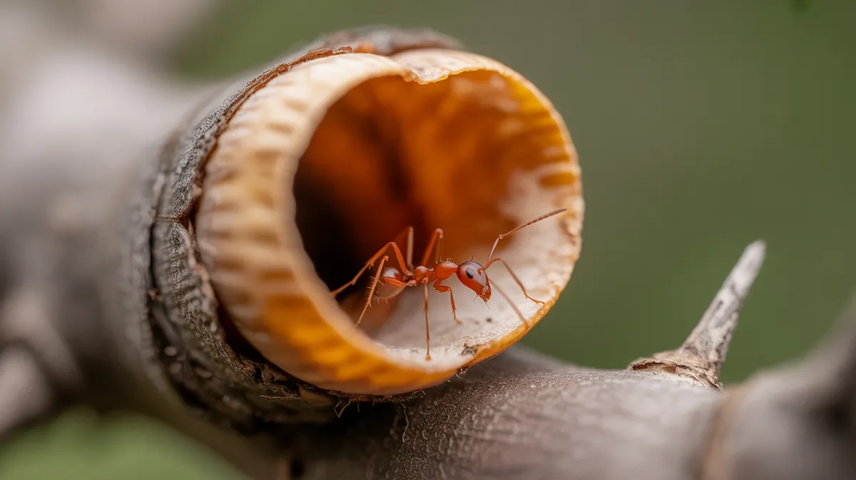 An ant at a hollow acacia thorn