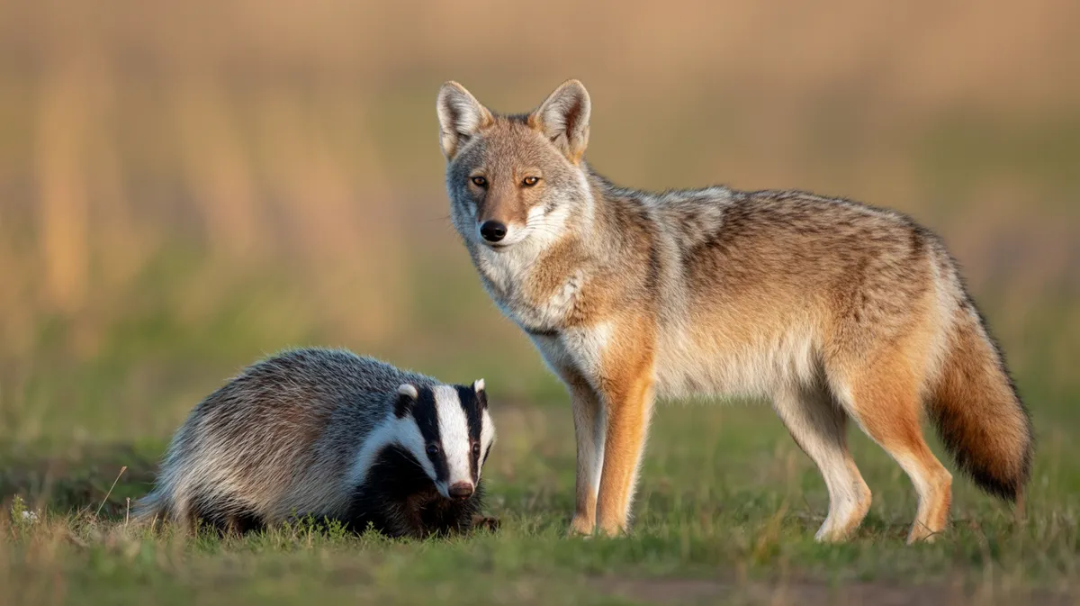 A coyote and a badger together on the prairie