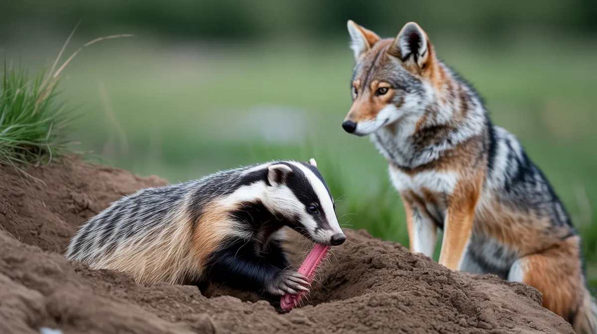 A badger digging as a coyote waits