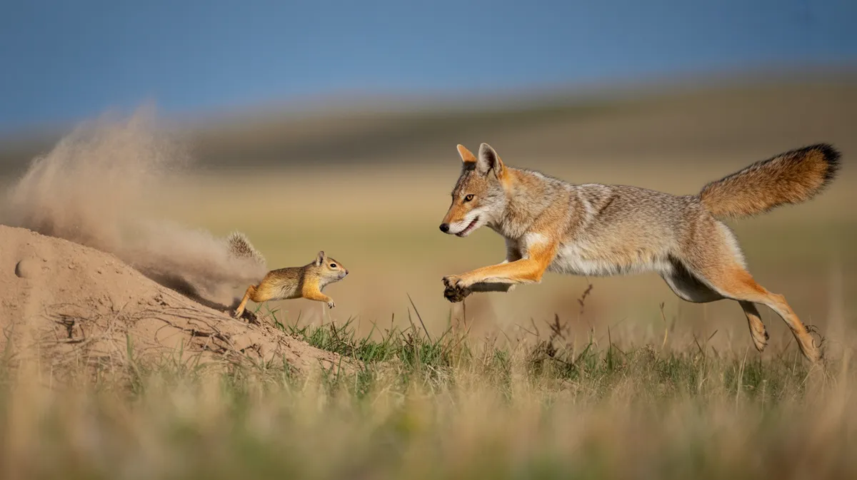A coyote pouncing on a ground squirrel