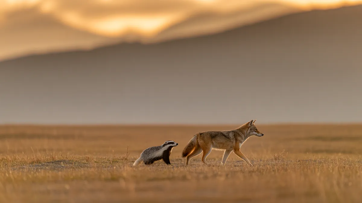 A coyote and badger trotting across the prairie
