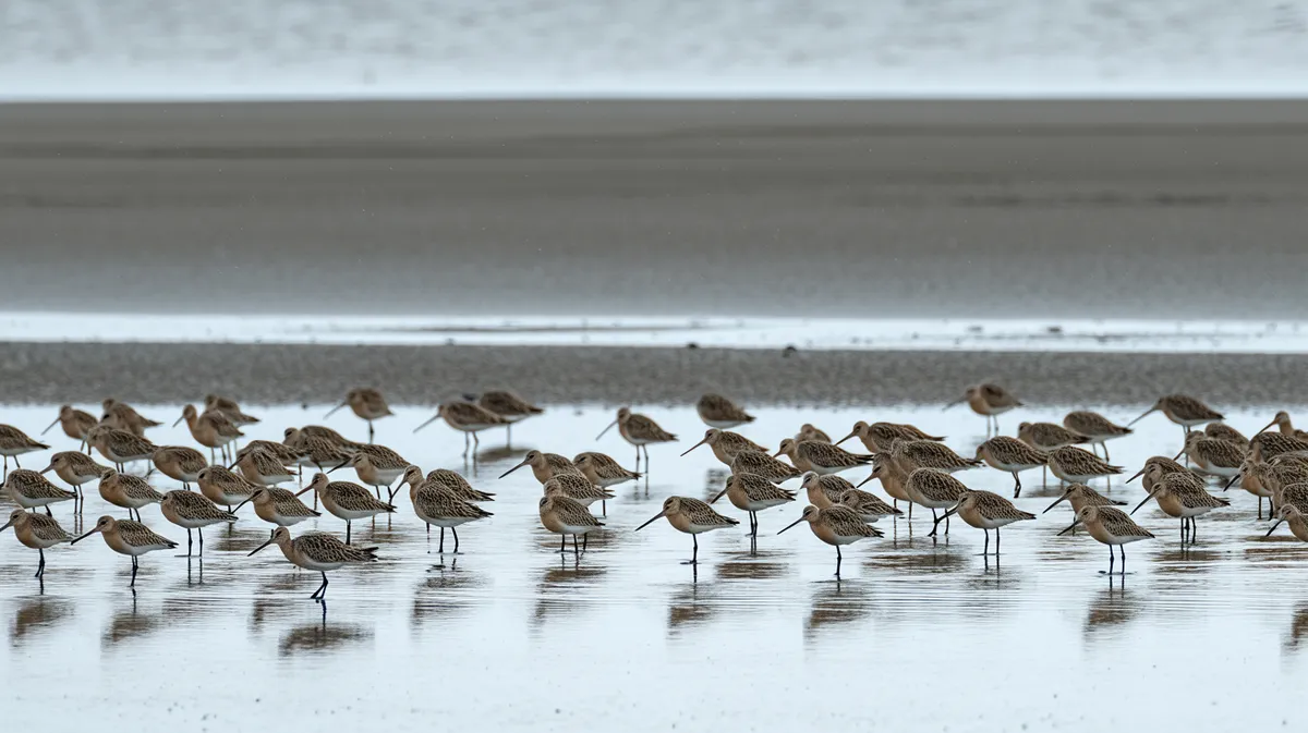 Godwits feeding on a mudflat