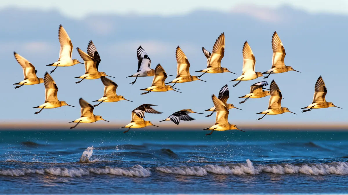 A flock of godwits taking off