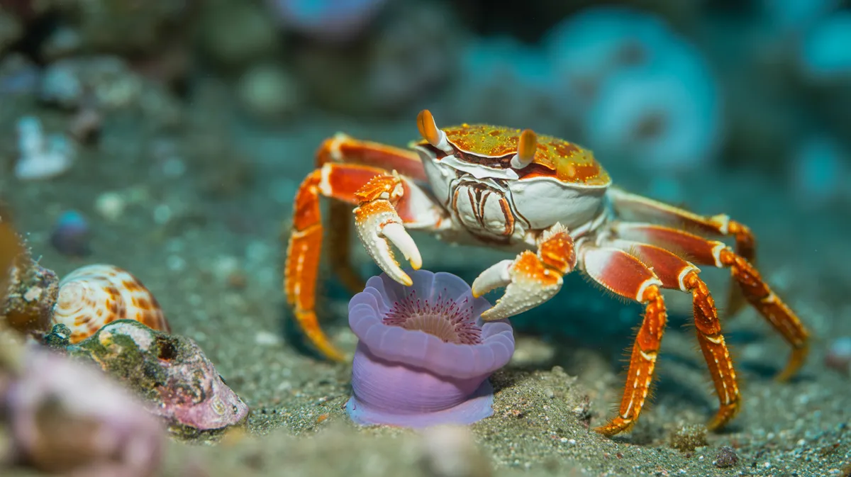 A boxer crab using an anemone to feed