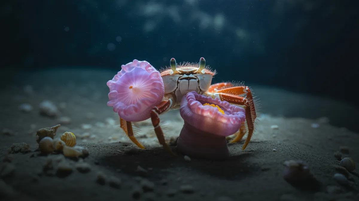 A boxer crab with two matching anemones