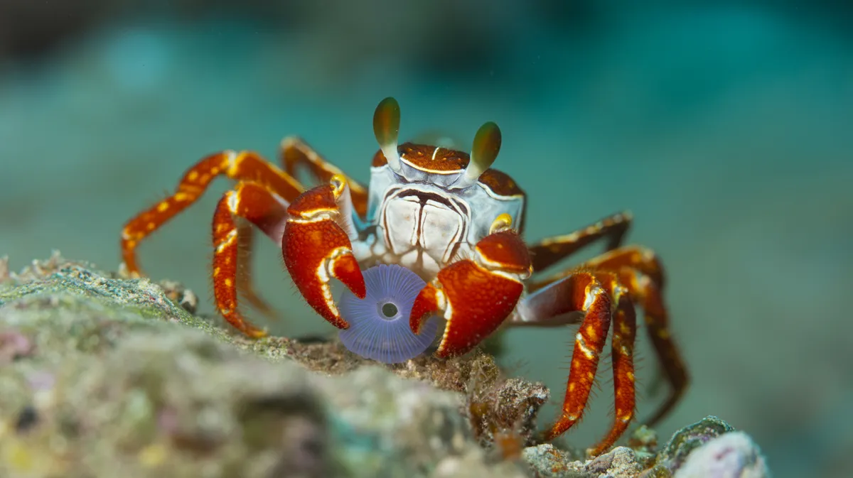 Close-up of a boxer crab and its anemones