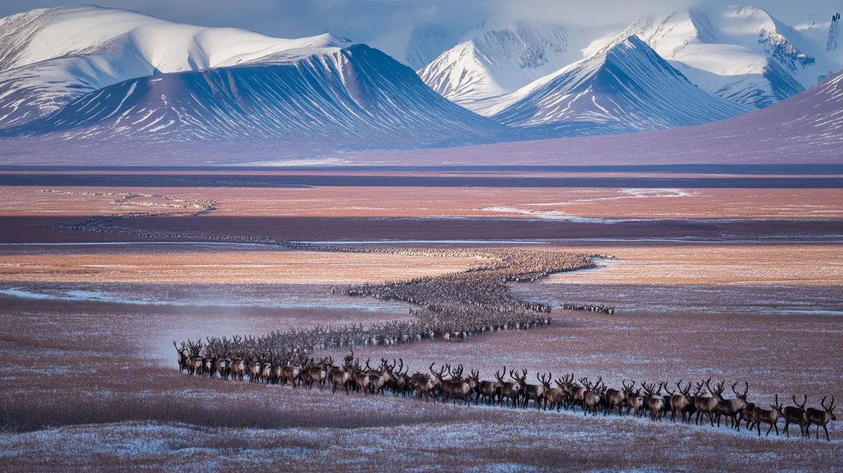 A vast herd of caribou on the tundra