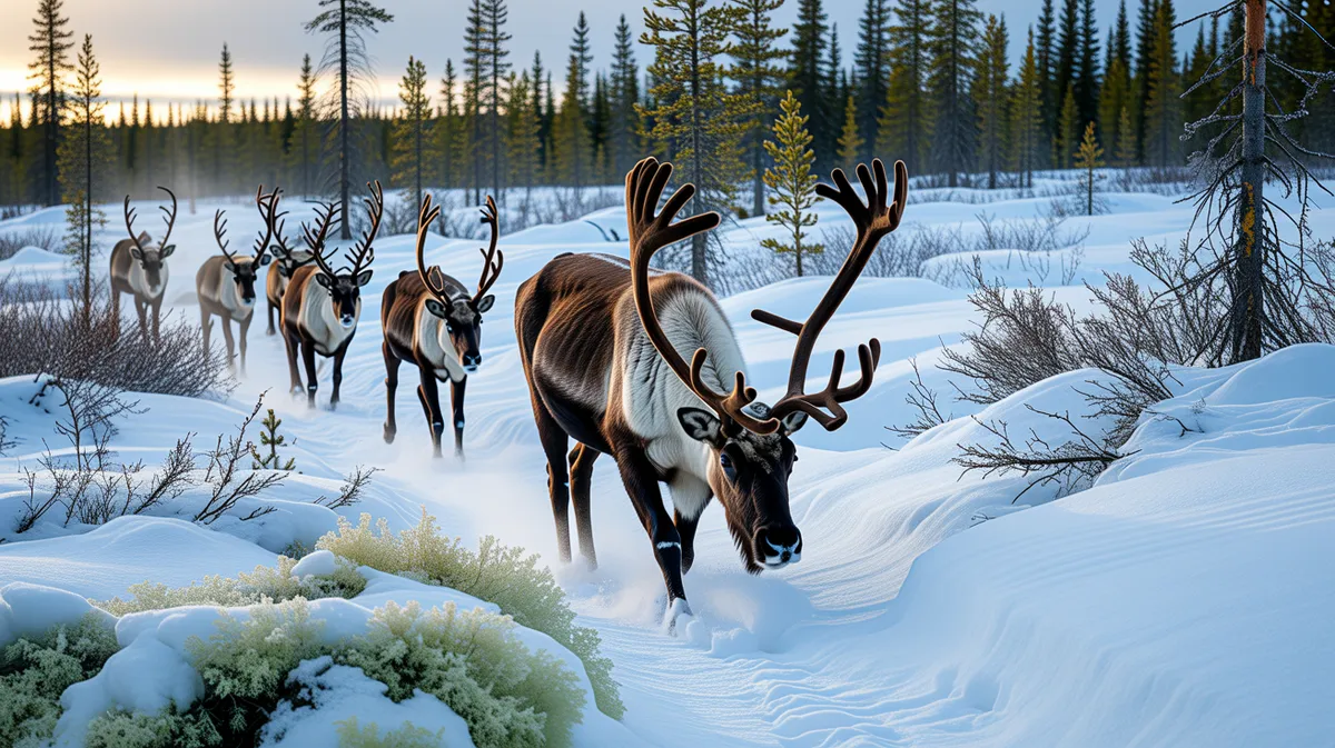 Caribou digging through snow for lichen