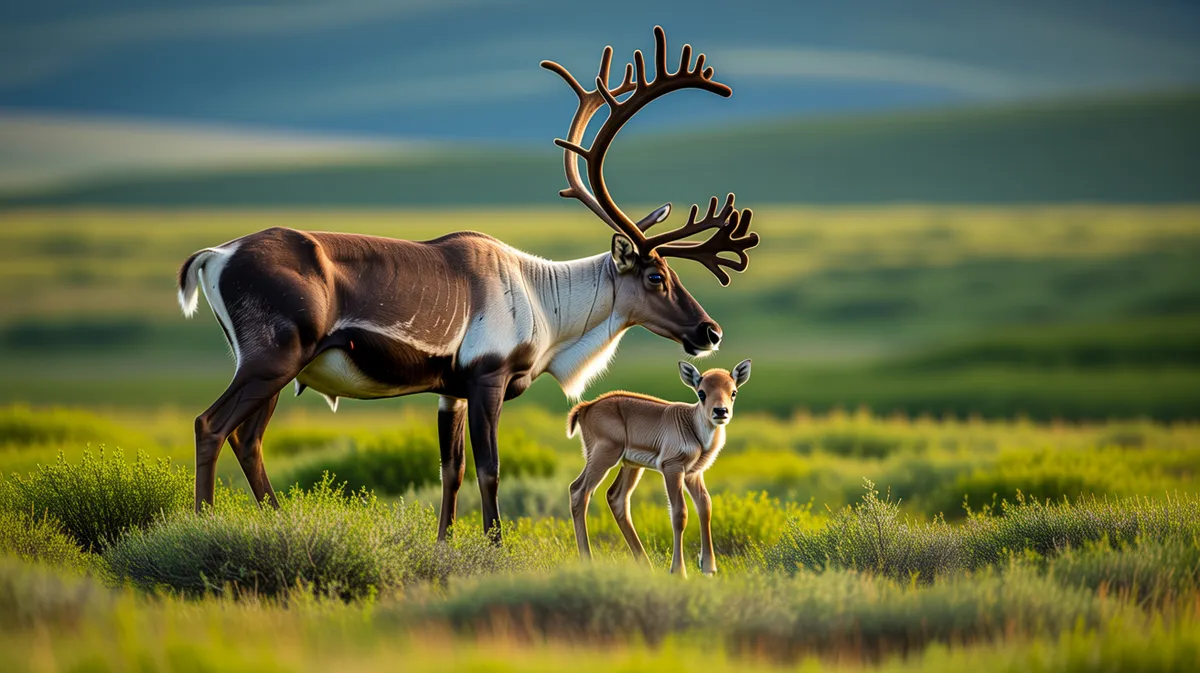 A caribou with its newborn calf