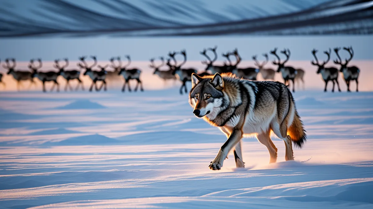 A wolf shadowing a caribou herd
