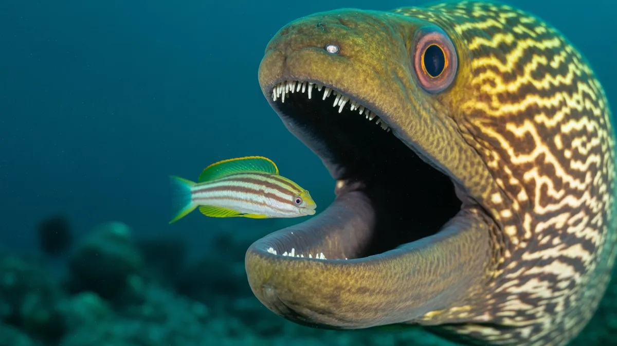 A cleaner wrasse inside a moray eel's mouth