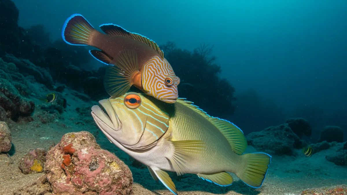 A mimic blenny biting a fish