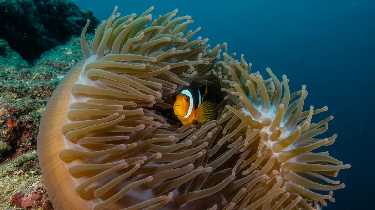 A clownfish tucked inside anemone tentacles