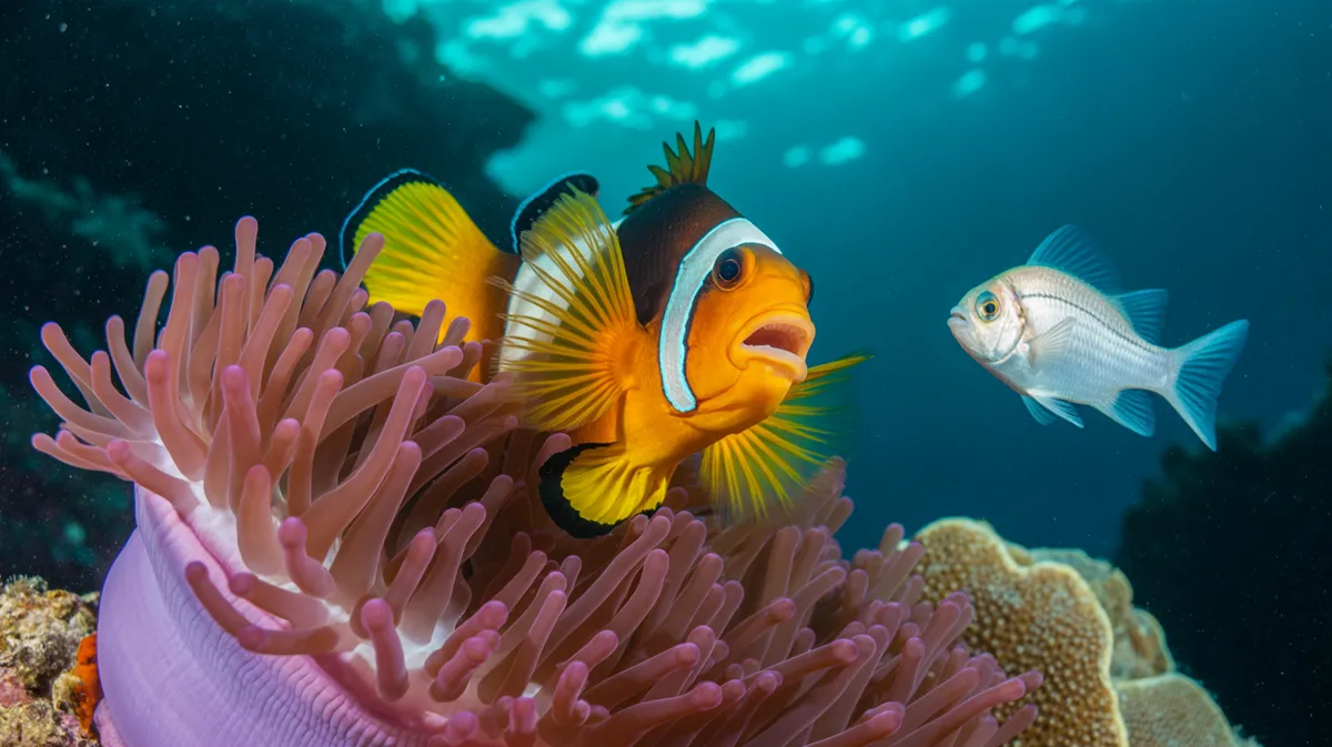 A clownfish chasing an intruder from its anemone