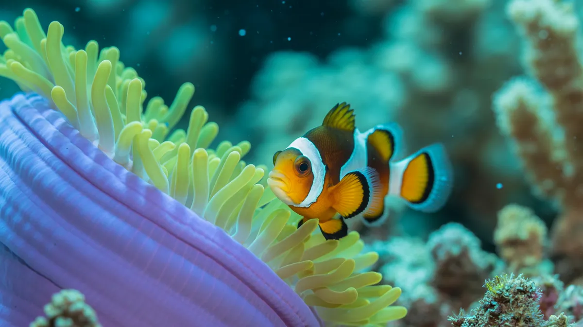 A young clownfish touching an anemone tentacle