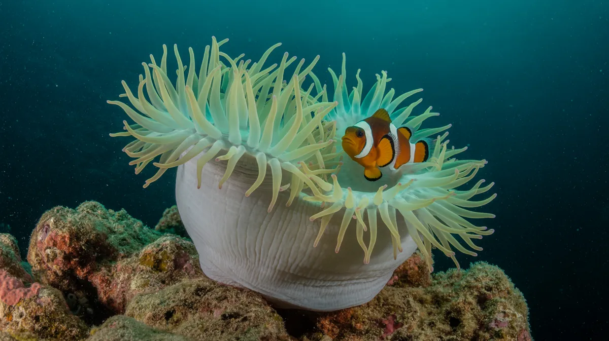 A bleached anemone with a clownfish