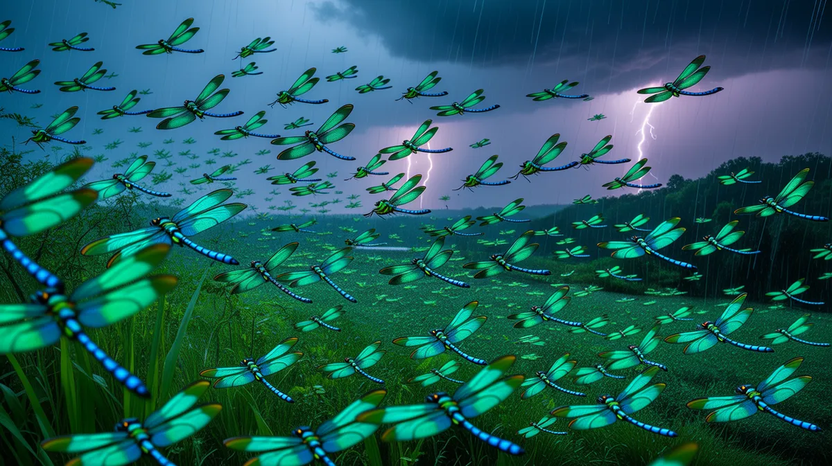 A swarm of dragonflies under a monsoon sky