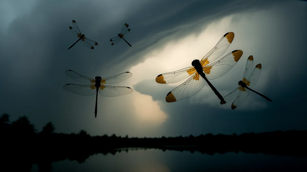 Dragonflies high against a monsoon sky
