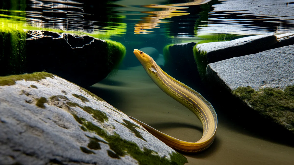 A yellow eel hiding in a riverbed