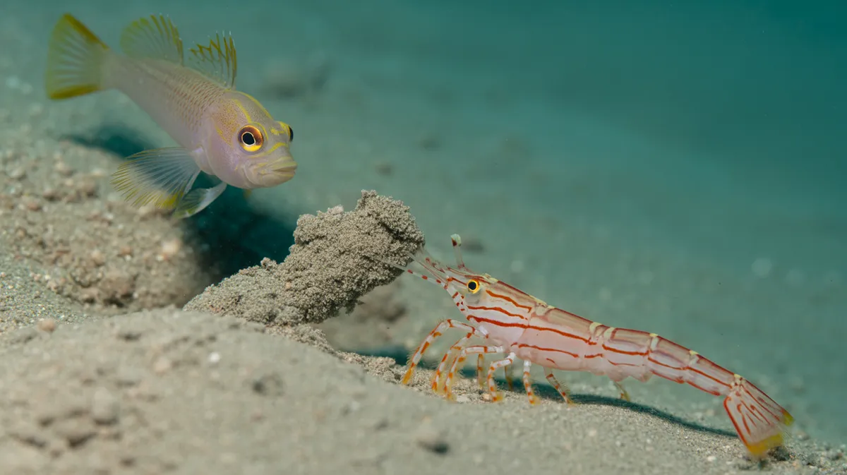 A pistol shrimp digging a burrow by a goby