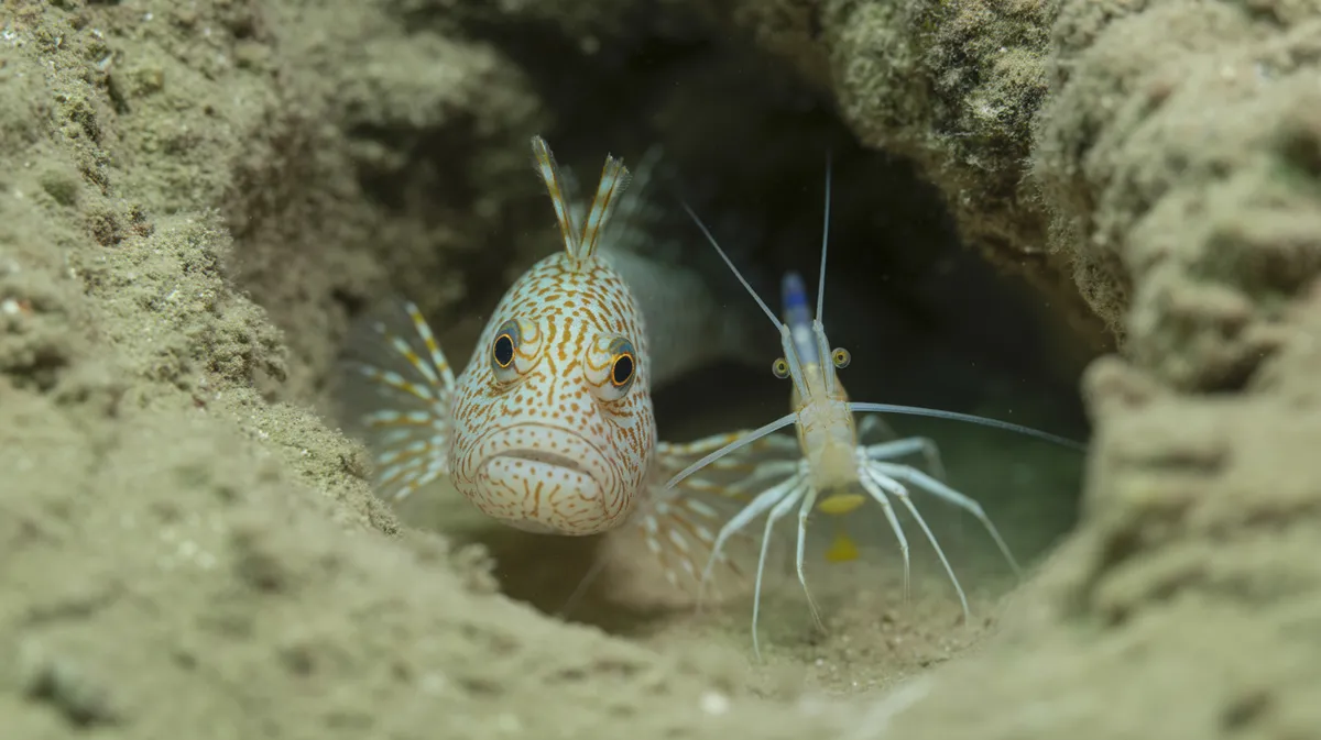 A goby and pistol shrimp at their shared home