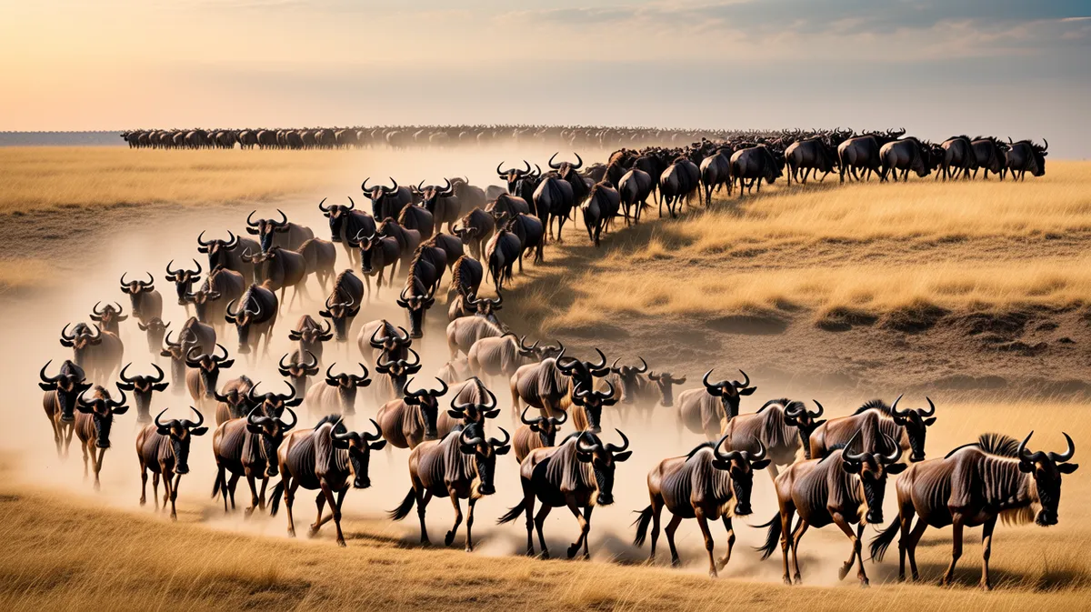 A vast column of wildebeest on the move