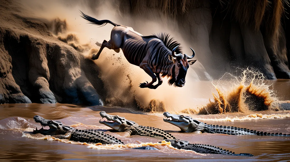 Wildebeest crossing the Mara River