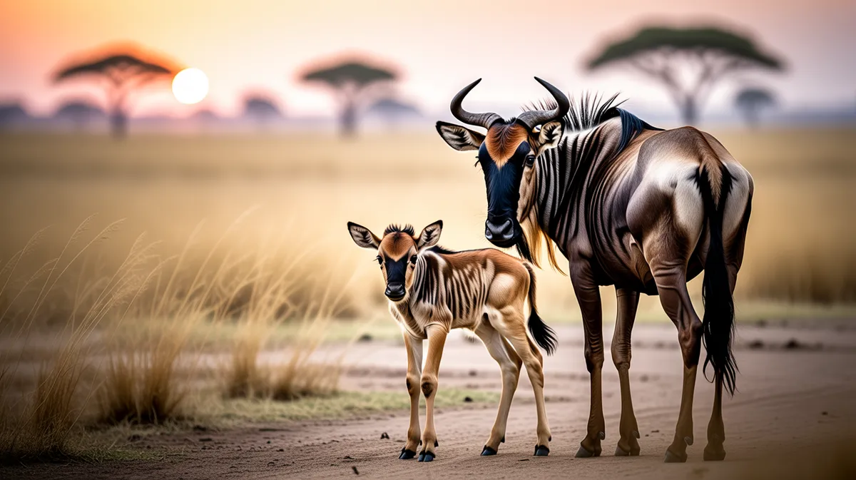 A wildebeest calf with its mother