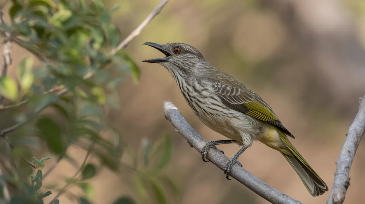 A honeyguide calling from a branch