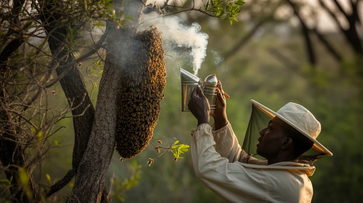 A honey-hunter smoking out a wild bee nest