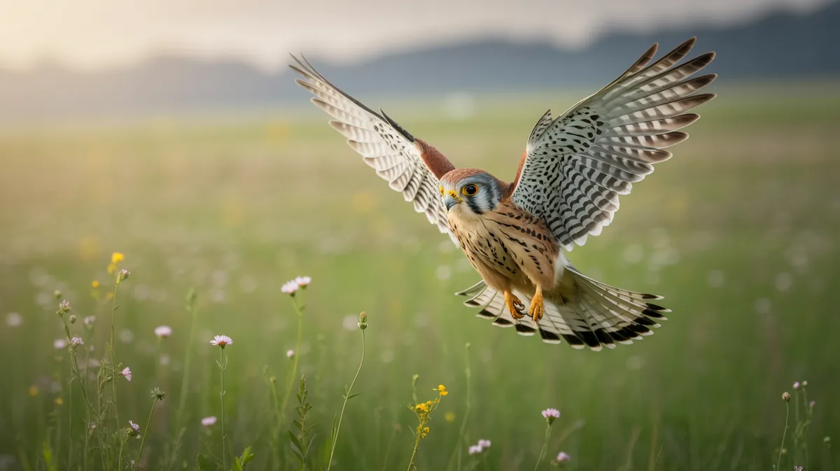 A kestrel hovering over a meadow