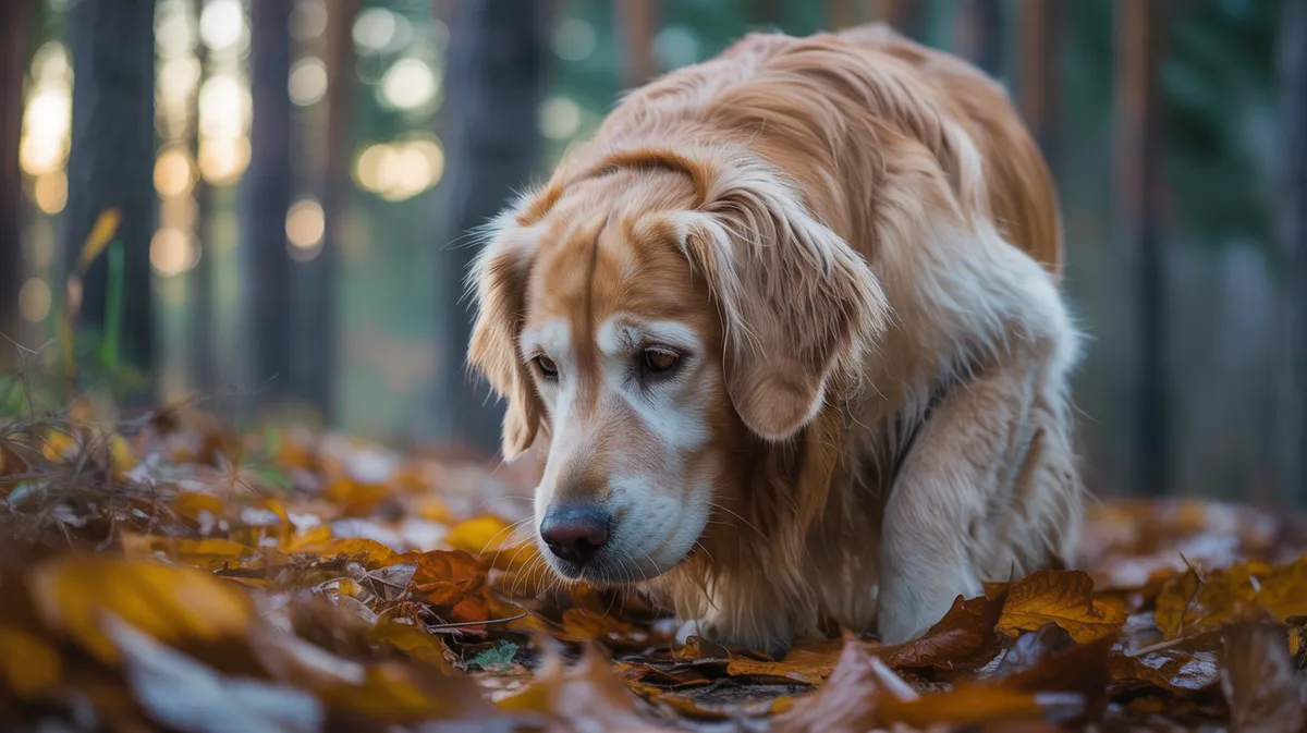A dog sniffing a trail on the ground