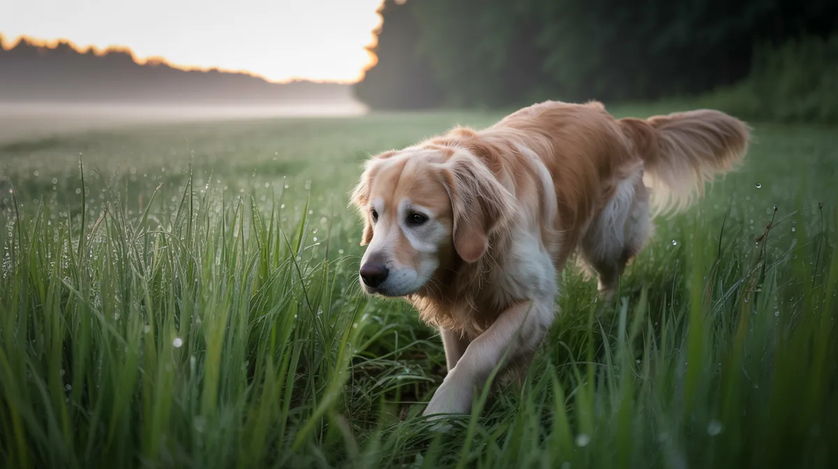 A dog following a scent trail in a meadow